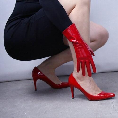 Patent Leather Red Gloves 28cm Bright Red Big Red Medium And Long Section Warm Emulation Genuine Leather Bright Leather WPU96