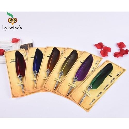 1 Set Lytwtws Antique Quill Feather Dip Pen Artist Writing Stationery Gift With 5 Nib Wedding Gift Quill Pen Fountain