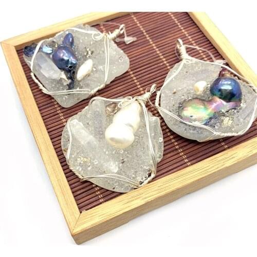 Natural Stone Pendant Crystal Inlaid Irregular Pearl Hand-wound Copper Wire Necklace Pendant Jewelry Making DIY Accessories