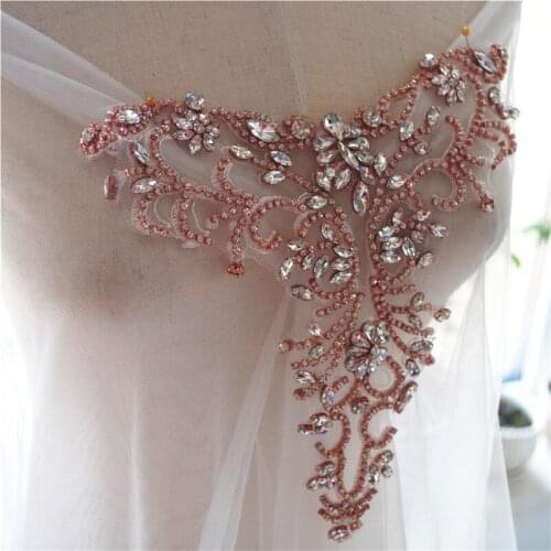 Rose Gold Rhinestone Applique Bridal Crystal Diamante Appliques Bridal Wedding Dress Gown with Beads