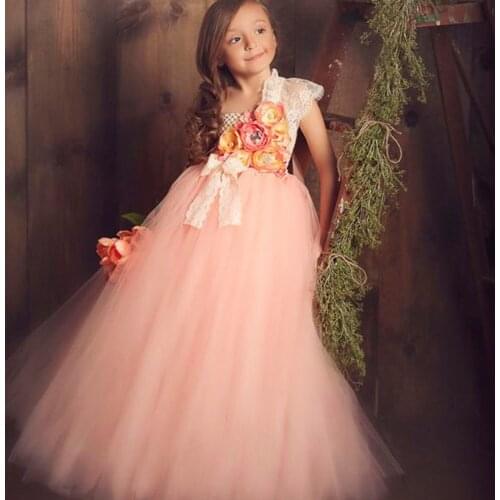 Girls Pink Vintage Lace Flower Tutu Dress Kids Crochet Long Tulle Dress Ball Gown with Bow Children Wedding Party Costume Dress