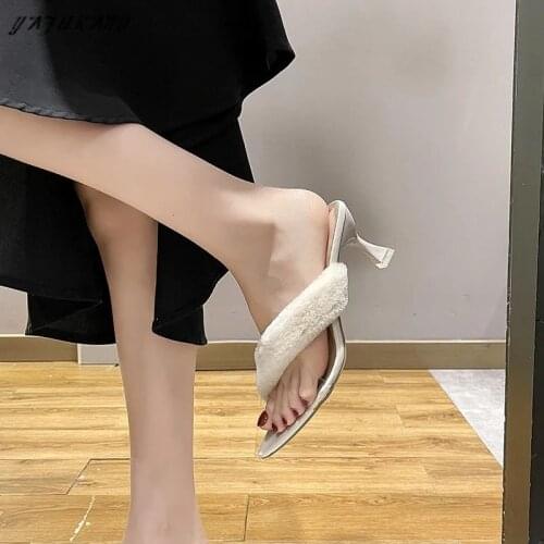 Cute Fur Slippers Fashion Transparent PVC High Heels Elegant Lady Party Dress Slides Candy Color Women Shoes 2021 Summer Shoes
