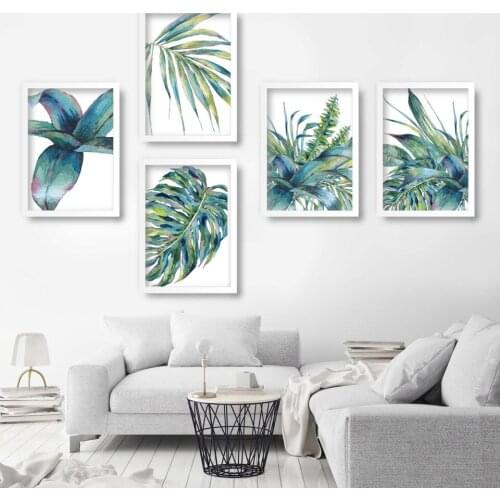 Tropical Palm Leaf Watercolor Blue Green leaves Gallery Wall Art Prints Botanical Wall Pictures for Living Room Home Decoration