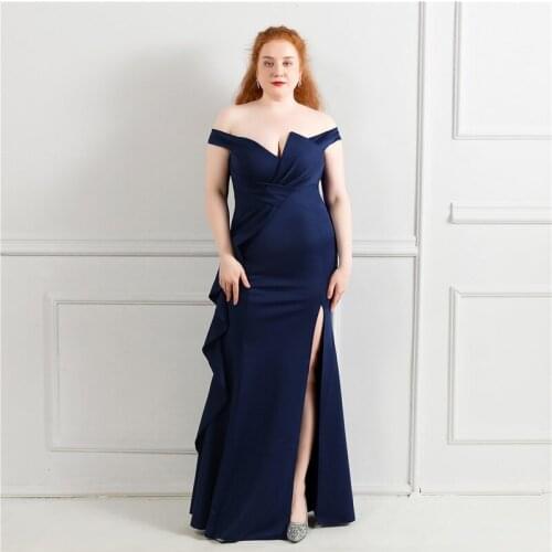 Evening Dress Boat Neck Short Sleeves Fashion Pleat Floor-Length Zipper Back Navy Blue A-Line Plus Size Women Formal Gowns D1257