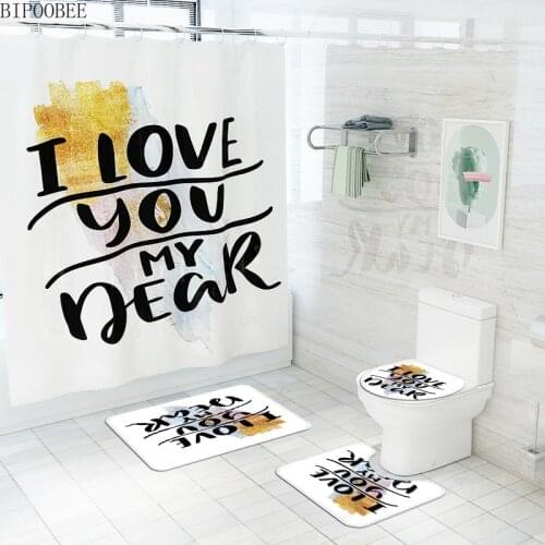 I Love You Pattern Shower Curtain Polyester Waterproof Bathroom Curtains Anti-slip Rug Toilet Lid Cover Bath Mat Home Decoration