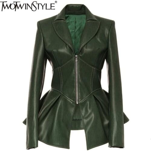 TWOTWINSTYLE PU Leather Patchwork Zipper Jacket For Women Lapel Long Sleeve Casual Elegant Jackets Female Fashionable New Tide