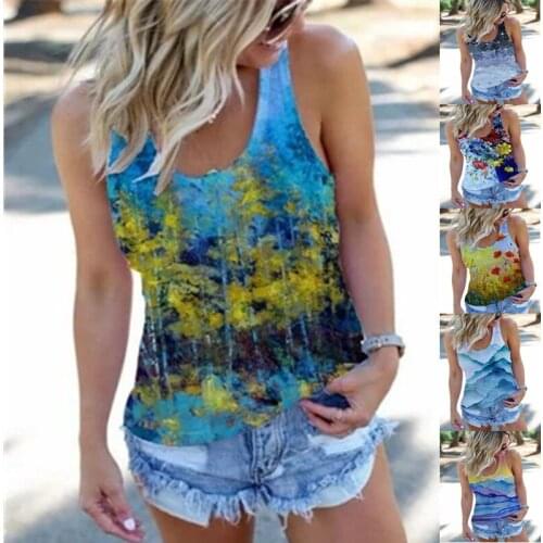 Womens Summer Relaxed Blue Slim Strap Print Vest V-neck With Long Tank Top In Spring Summer 2021 Female Fashion Clothes
