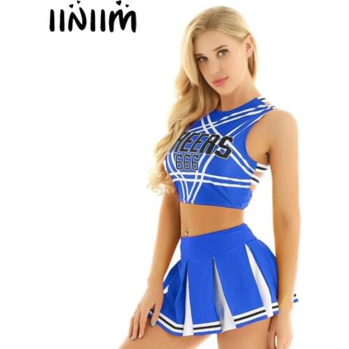 Iiniim Women Adult Charming Cheerleader Uniform Cosplay Fancy Clubwear Costumes Pentagram Back Crop Top with Mini Pleated Skirt