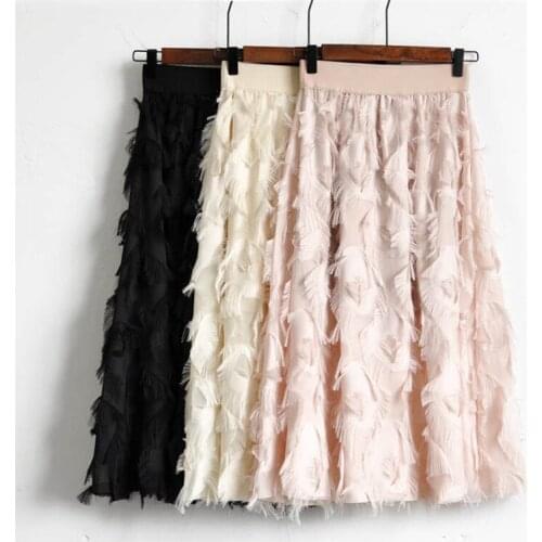 Sanishroly 2018 New Summer Autumn Women Mesh Skirt Elastic Waist Feather Tassel Skirts Female Midi Long A-Line Skirt Saia SE177