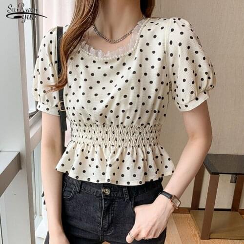 Summer 2021 New Casual Sweet Pearl Mesh Stitching Polka Dot Blouse Short Sleeve Waist Hugging Chiffon Shirt Tops Blusas 15062