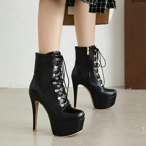 2021 Women New Boots Platform Ladies Super Thin High Heel Boots Cross Tied Zipper Womens Shoes Short Plush Winter Boots White