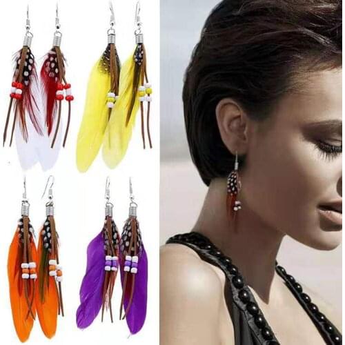Women Fashion Multicolor feather Beads earrings 10cm Peacock Girl Dangle Earrings Tassel Drop Earrings Bijoux Accessory Jewelry