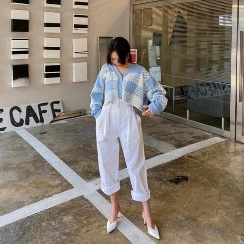 Women Short Knit Plaid Tops, Adults Button Down Color Block Long Sleeve V-neck Cardigan