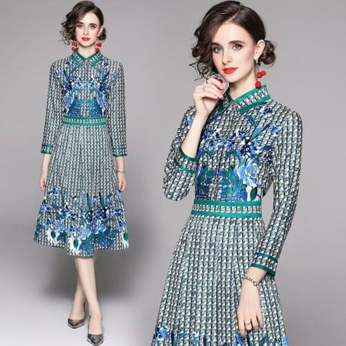 New Summer Vintage Floral Print Collar Button Long Sleeve Empire Waist Women Ladies Party Casual A-Line Knee Length Midi Dress