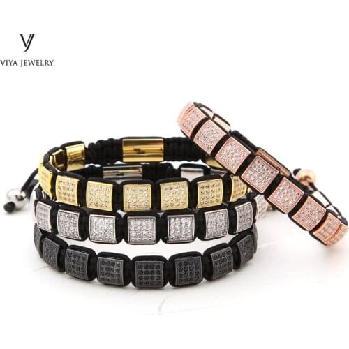 Wholesale 100 Pcs Stainless Steel Square Pave Setting Beads Braided Adjustable Bracelet Custom Luxury Men Bracelet Jewelry