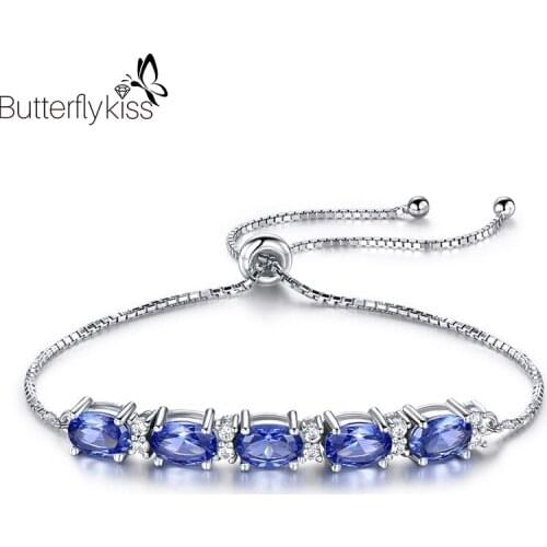 BK Real 925 Sterling Silver Charm Bracelets & Bangles For Women Girl Natural Blue Topaz Adjustable Tennis Bracelet Fine Jewelry