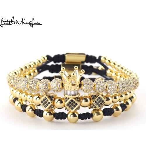 Luxury zircon crown Bracelets set Tube polygon ball Charm copper bead Macrame Braided men Bracelets & Bangles for Men Jewelry