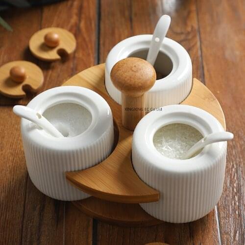 Household Ceramic Seasoning Jar Seasoning Bottle Set Kitchen Storage Collection Utensils Seasoning Jar with Wooden Storage Rack