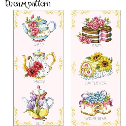 Teapot cake cross stitch kit cartoon flower package aida 18ct 14ct pink fabric pearl canvas embroidery DIY handmade needlework
