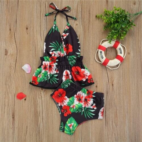 Baby 2 Piece Clothes Set Girls Floral Print Sleeveless Deep V-neck Lace-up Tops + Elastic Waist Short Pants for Summer 2-6 Years