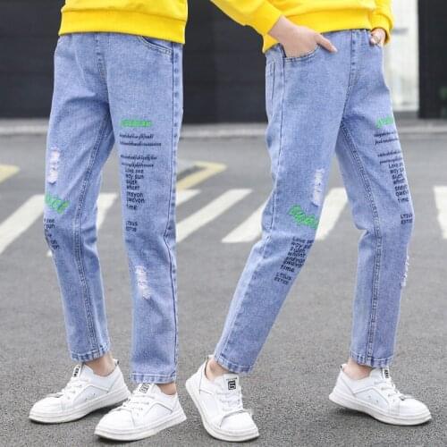 Jeans For Teen Girls High Quality Elastic Waist Slim Trousers Korean Casual Style Letters Print With Ripped Teenage Pencil Pants