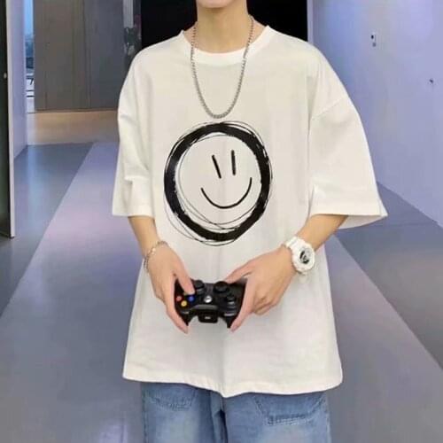 Spring Summer Smiley Face Print T-Shirt Fresh Simple Style Fashion Street Crew Neck Clothes Hip Hop Harajuku Couples Streetwear