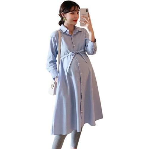 Cotton Lapel Straight Maternity Dress Loose Adjustable Maternity Clothes Pockets Pregnancy Clothes Pregnant Women 2021 Autumn