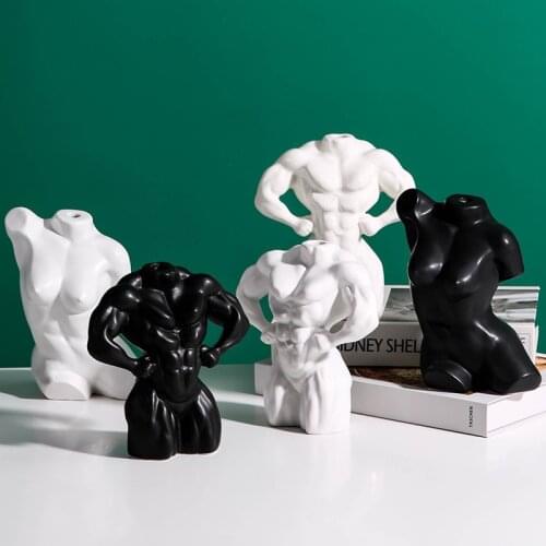 Art Abstract Portrait Flower Vase Decoration Muscular Male Statue Artwork Human Body Ceramic Simple Vase Crafts Home Decoration