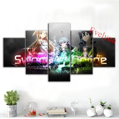 Anime Poster Sword Art Online (Kirito,Asuna,Sinon,Yui) 5 Pieces Modular Pictures Hd Print Wall Art BoyS Living Room Decor Frame