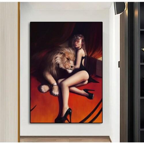 Canvas Painting Sexy Woman Wall Art Wild Ferocious Lion Animal Poster Print Wall Picture for Living Room Home Decor Cuadros
