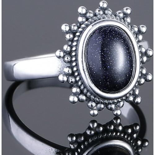 100% S925 Sterling Silver Ring Classic Blue Sandstone Gemstone Ring 7x9 Retro Thai Silver Vintage Fine Jewelry