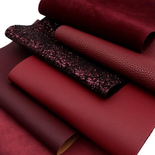 Wine Red Series Chunky Glitter Velvet Faux Leather Sheets Lychee Glossy Synthetic Leather Fabric A4 Size for DIY Earrings Bows