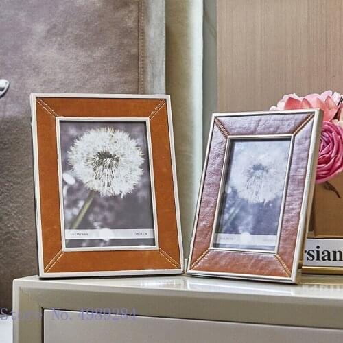 Metal Photo Frame Leather Splicing Brown Handmade Metal Frame Desktop Photo Storage Handicraft Furnishings Picture Frames