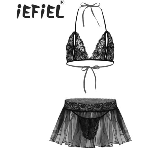Mens Sissy Sexy Costumes See Through Lace Lingerie Set Nipple Split Bra Top High Waist Mini Flared Skirt with Built-in Briefs