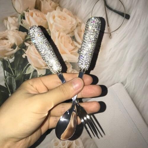 Diamond Coffee Spoon and Fork Set Sparkling Fruit Forks Teaspoon Stainless Steel Food Picks Tableware Dinner Set Crystal Cutlery