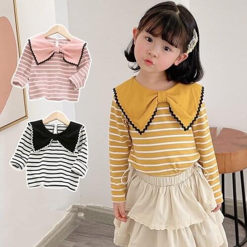Spring New Baby Girls Long Sleeve T Shirt 2021 Kids Cute Bow-knot Lapel Striped Tshirt for Girls Children Cotton Bottoming Shirt