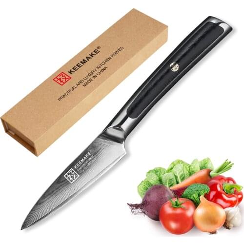 KEEMAKE Paring Knife Japanese Damascus VG10 Steel Sharp Blade Chef Kitchen Knives G10 Handle 3.5 inch Fruit Chefs Cutter Tools