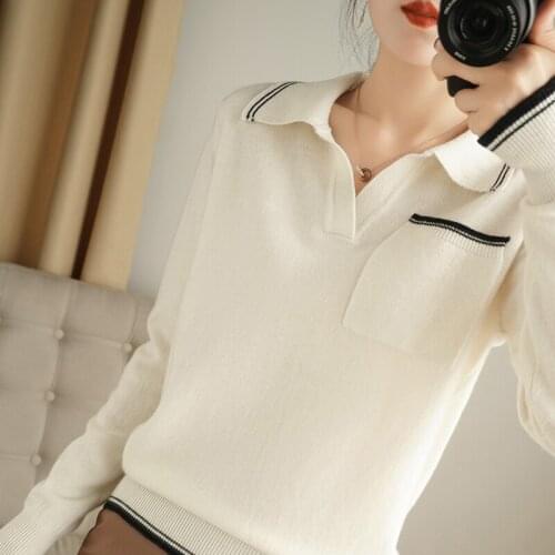 Autumn and winter new pullover womens polo lapel sweater Slim base color matching soft casual knitted sweater