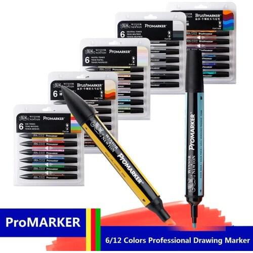 WINSOR&NEWTON Professional Marker Pen 6/12 Colors Double-side(round toe and oblique) Drawing Design Marker Pen Art Supplies