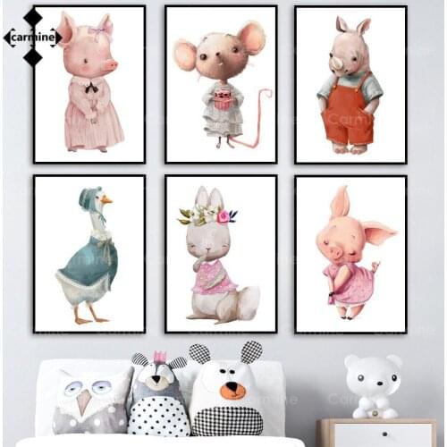 Nordic Animal Posters and Prints Rabbit Mouse Pig Rhino Penguin Duck Wall Pictures Wall Art Canvas Painting Baby Kids Room Decor