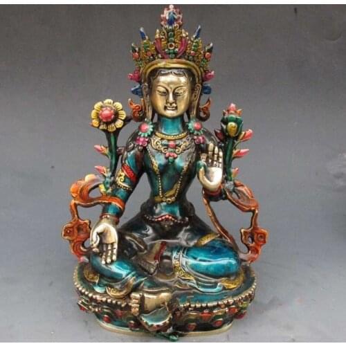 ANTIQUE BRONZE PURE COPPER OLD BRASS CHINA HAND-CARVED CLOISONNE BUDDHIST STATUE OF BUDDHA GREEN TARA