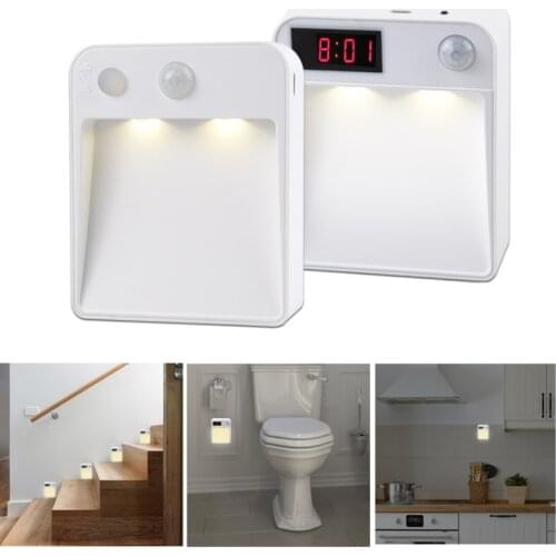 LED Wireless Night Light Motion Sensor LED Clock Light Bedside Lamp PIR Lamp Battery Nightlight Wall Lamp Indoor Stairs Lighting