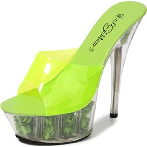 High heel slippers, 15cm womens shoes show steel tube dancing shoes crystal bottom flower waterproof platform slippers