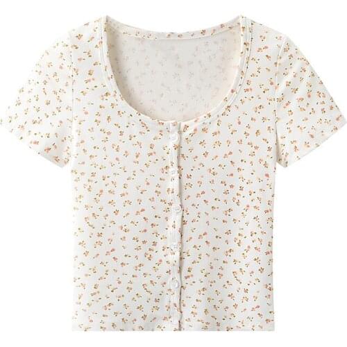 PUWD Slim Girls Sweet Floral Short Tshirts 2021 Summer Fashion Ladies Soft Cotton Tops Vintage Women Cute Bomb Top Chic