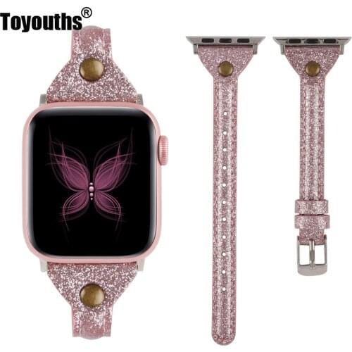 Thin Leather Band for Apple Watch 38mm 40mm 42mm 44mm Women Cute Glitter Rivet Slim Smooth Bling Strap iWatch Series 5 4 3 2 1