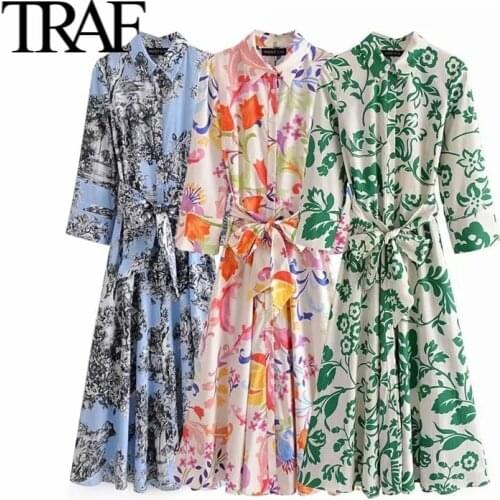 Traf 2021 Women Clothes Spring Autumn Office Long Sleeve Shirt Dress Chic Fashion Printed Maxi Vintage Dress Robe Korean Dress