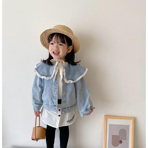 2021 Girls Spring Lace Denim Jacket Baby Children Korean Fashion Long Sleeve Coat