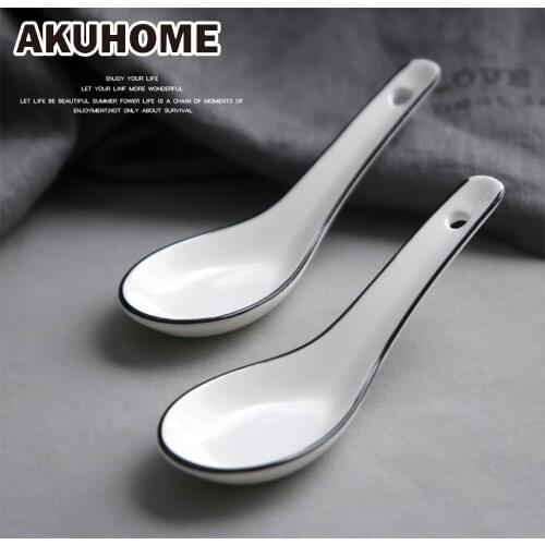 Japanese Simple Ceramic Long Handle Spoon Bone China Spoon Set Black Line Spoon 2 Loaded