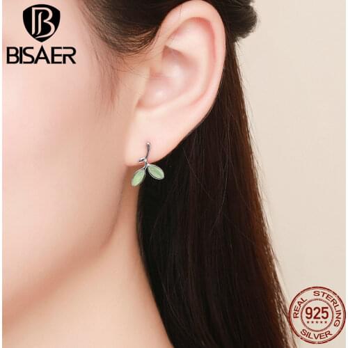 BISAER Authentic 925 Sterling Silver Tree Leaves Tree Leaf Buds Stud Earrings for Women Plant Fashion Earrings Jewelry ECE465
