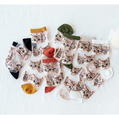 Women Mesh Sexy Glitter Short Lady Sock Animal Embroidery Cat Socks Summer Kawaii Transparent Glass Silk Cotton Thin Sock Female